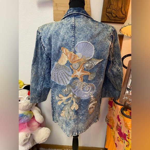 VTG Cool Blues Acid Wash Denim Pearl Embroidered Blazer Jacket Coastal Cowgirl M - Picture 4 of 16